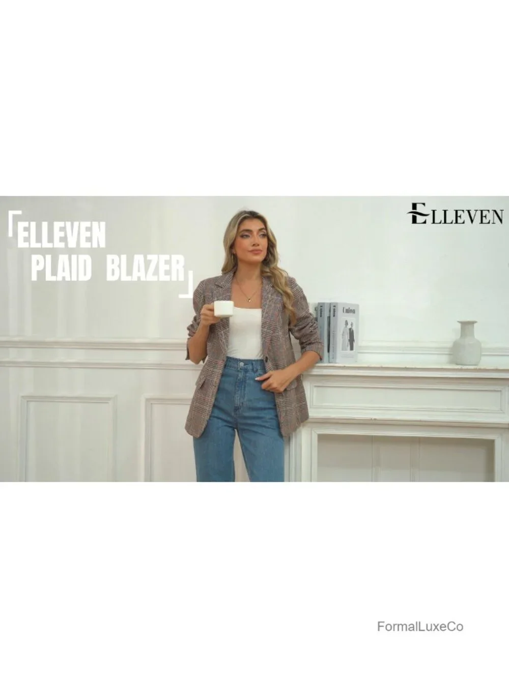 Classic Plaid Blazer with Notch Collar and Padded Shoulders